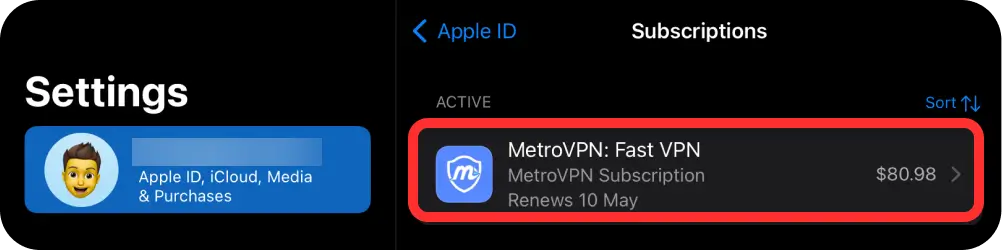 ③ Tap MetroVPN subscription.